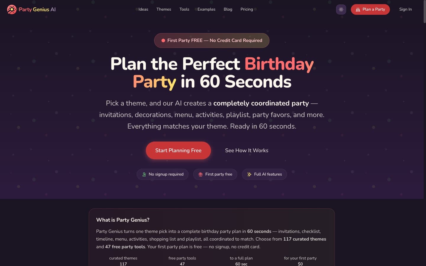 Party Genius home page, as it looks today