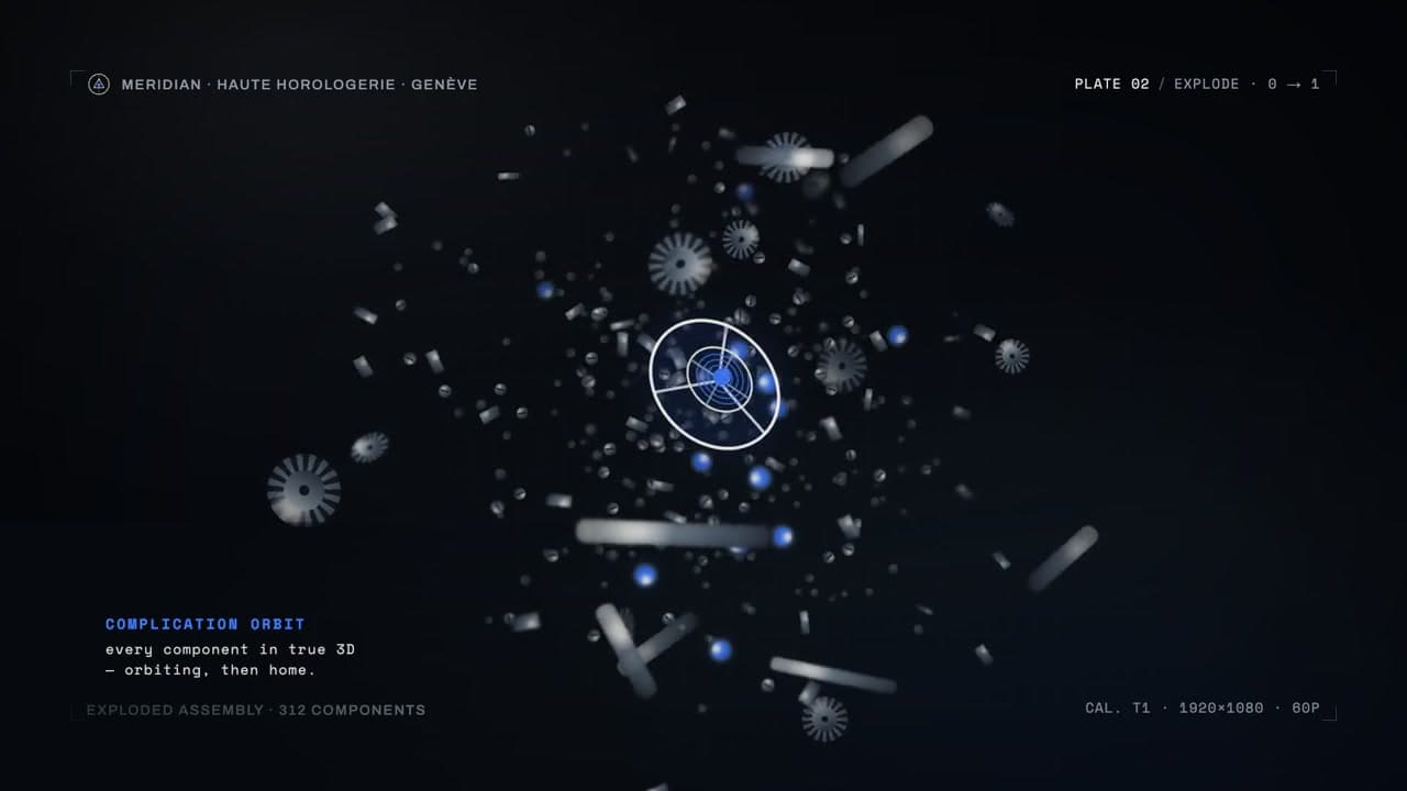 MERIDIAN T1 (Concept) — True-3D exploded-assembly turntable (R3F)